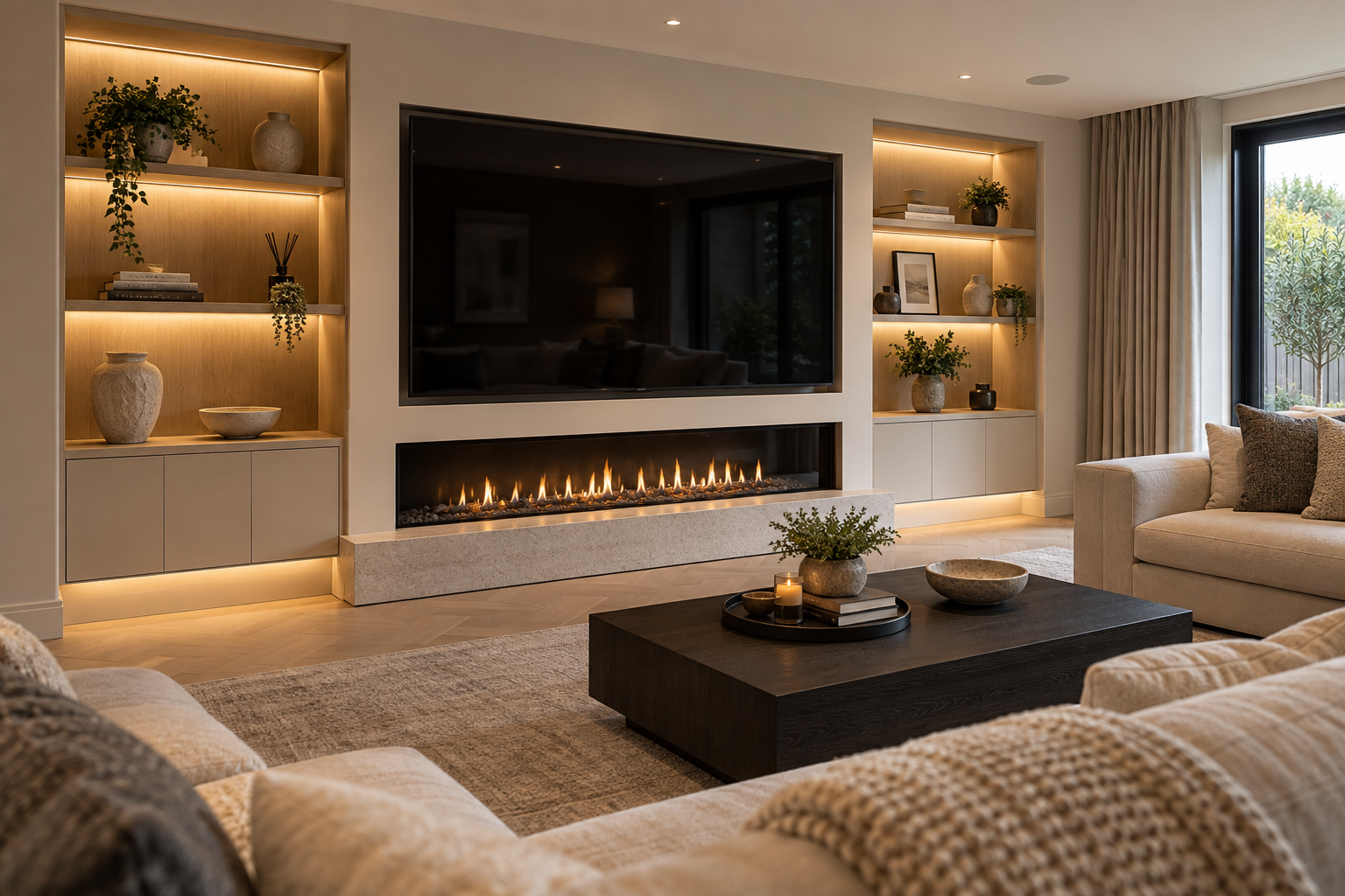 Illustrative contemporary media wall with television, electric fire and shelving